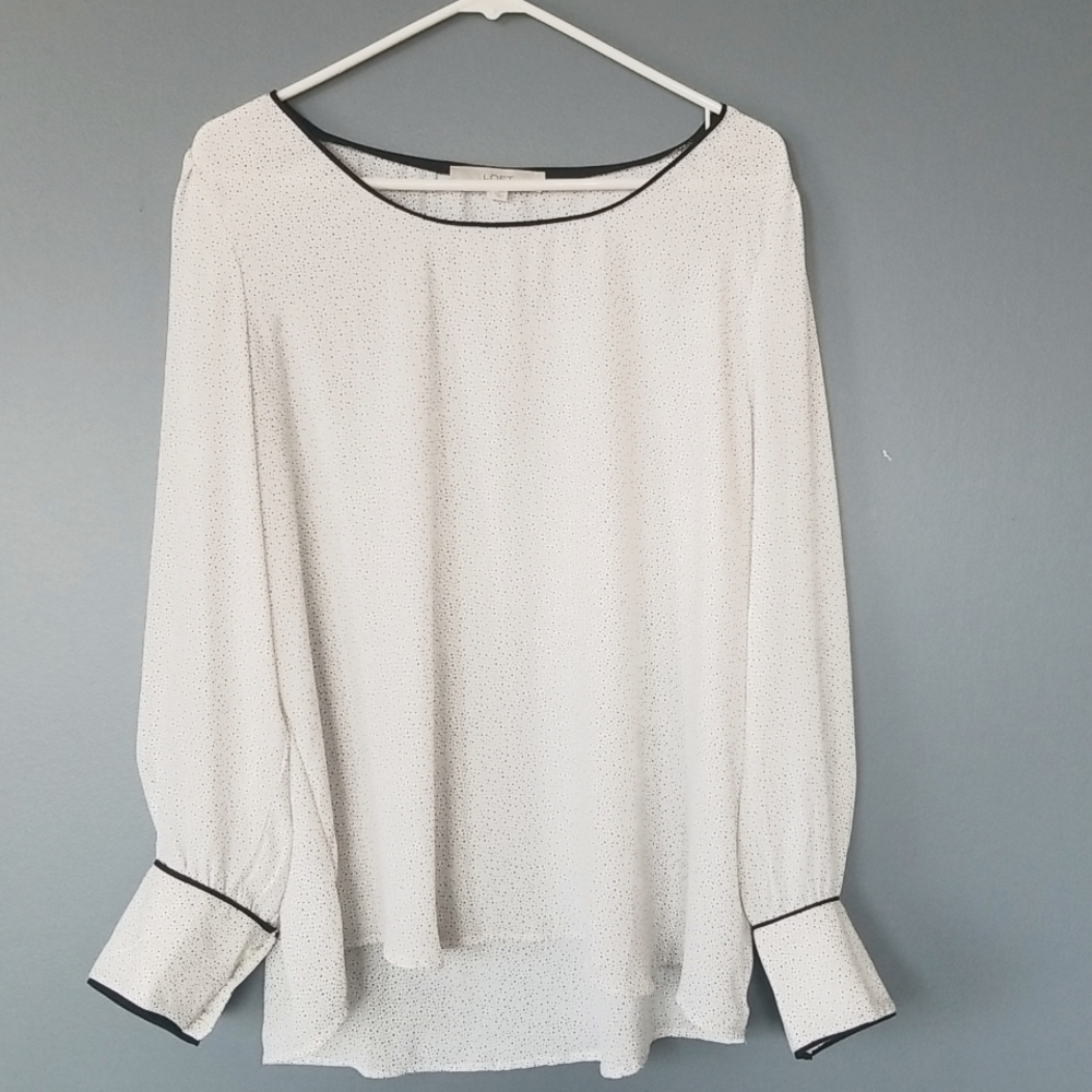 Loft White Black Polka Dot Puff Sleeve Blouse, L